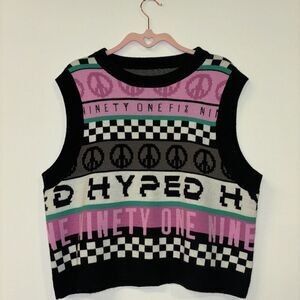 Hyped Ninety One Peace Checkers‎ Sweater Vest Size Small Holiday Christmas Cozy